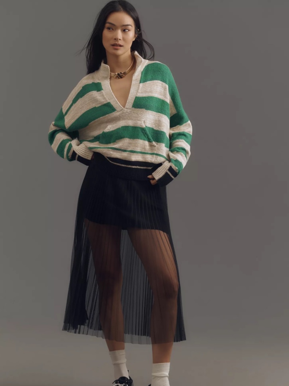 Anthropologie Pilcro Plunging V-Neck Rugby Stripe Collared Pullover Sweater M